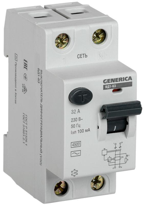 Выключатель дифференциального тока (УЗО) IEK 2п 32А 100мА тип AC ВД1-63 GENERICA  MDV15-2-032-100