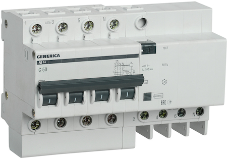 Выключатель автоматический дифференциального тока 4п 50А 30мА АД14 GENERICA IEK MAD15-4-050-C-030
