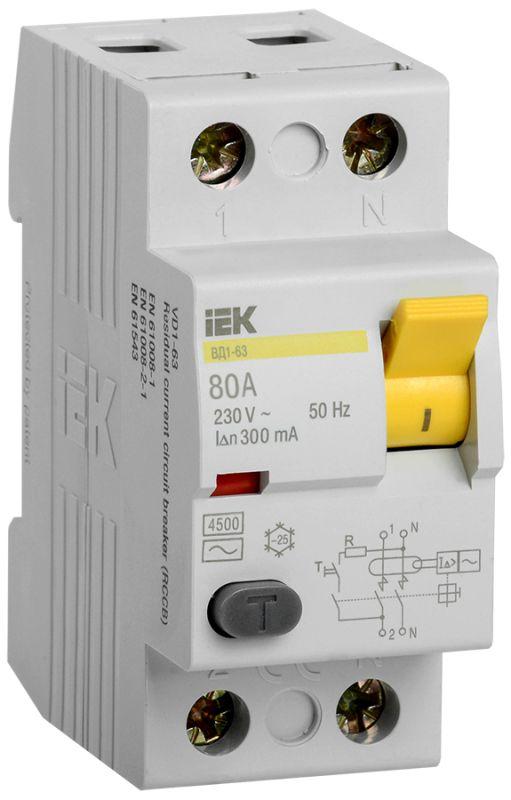 Выключатель дифференциального тока (УЗО) IEK 2п 80А 300мА тип AC ВД1-63  MDV10-2-080-300