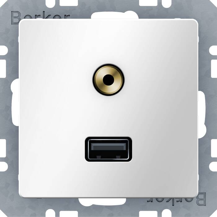 Розетка USB+mini-jack Berker, скрытый монтаж, белый, 3315396089