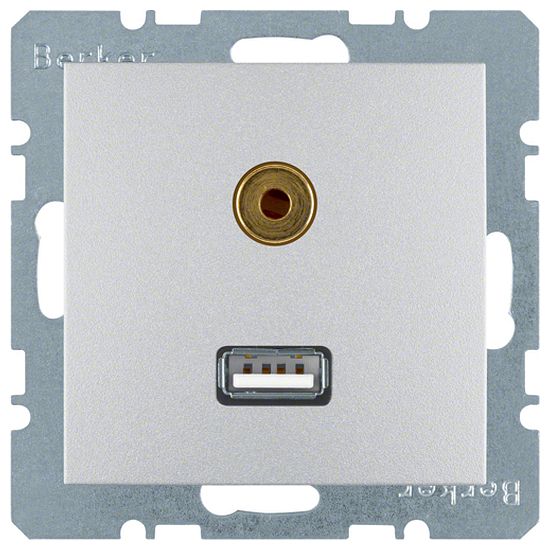 Розетка USB+mini-jack Berker, скрытый монтаж, серебристый, 3315391404