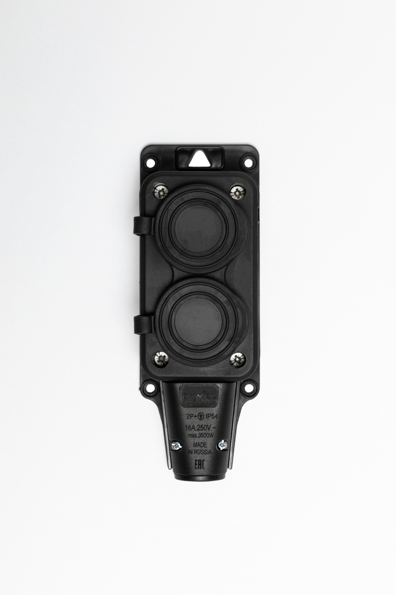 Розетка (колодка) двухместная с крышками каучук черная 2P+PE 250V 16А IP54 DYNEL