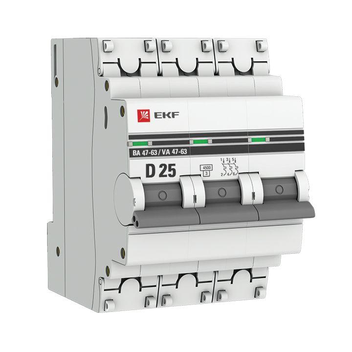 Автоматический выключатель EKF 3п D 25А 4.5кА ВА 47-63 PROxima  mcb4763-3-25D-pro