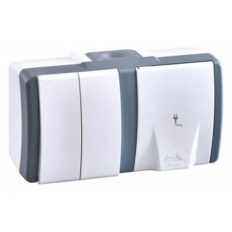 Выключатель двухклавишный + розетка с заземлением Mono Electric Octans IP54 16A 250В бело-серый 154-020001-181