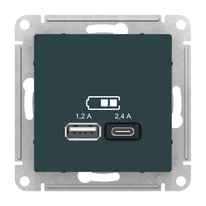 Розетка 2xUSB Schneider Electric ATLASDESIGN, скрытый монтаж, изумруд, ATN000839