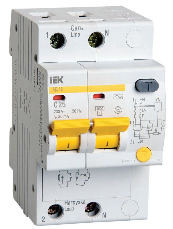 Дифференциальный автомат 2п C 25А 30мА тип AC 4.5кА АД-12 IEK MAD10-2-025-C-030