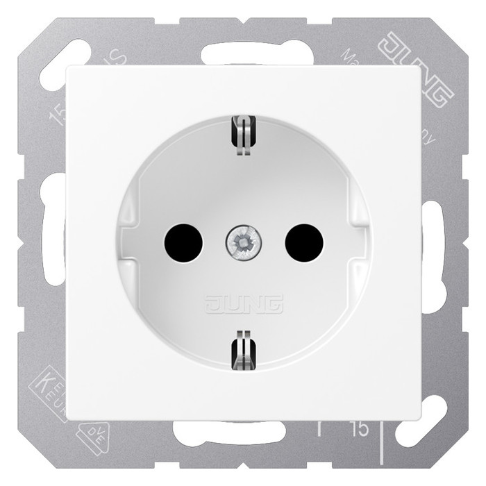 Розетка Jung A 500, скрытый монтаж, с заземлением, со шторками, белый матовый, A1520BFKIWWM