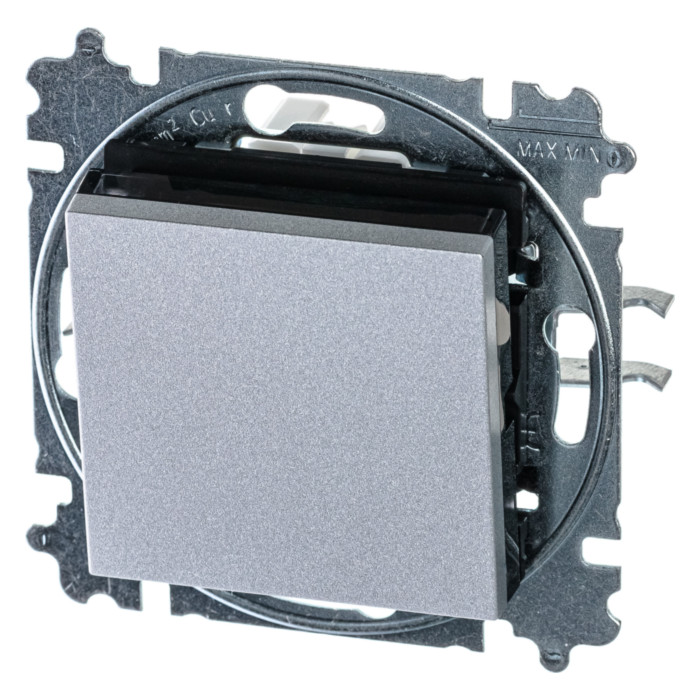 Выключатель одноклавишный кнопочный ABB LEVIT, серебро // дымчатый черный, 2CHH599145A6070