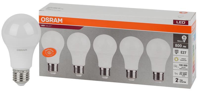 Лампа светодиодная LED Value LVCLA75 10SW/830 грушевидная матовая E27 230В 2х5 RU (уп.5шт) OSRAM 4058075577718