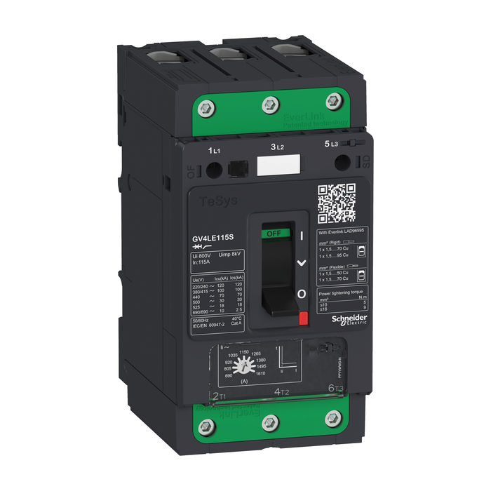 Силовой автомат Schneider Electric TeSys GV3 115А 3P, магнитный расцепитель, GV4LE115B