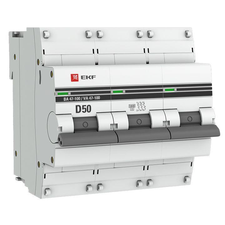 Автоматический выключатель EKF 3п D 50А 10кА ВА 47-100 PROxima  mcb47100-3-50D-pro