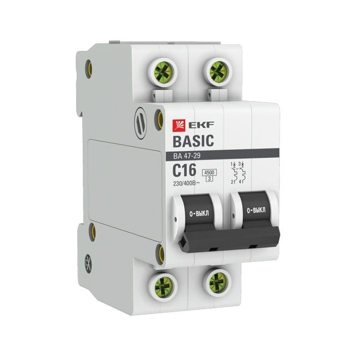 Автоматический выключатель EKF 2п C 16А 4.5кА ВА 47-29 Basic  mcb4729-2-16C