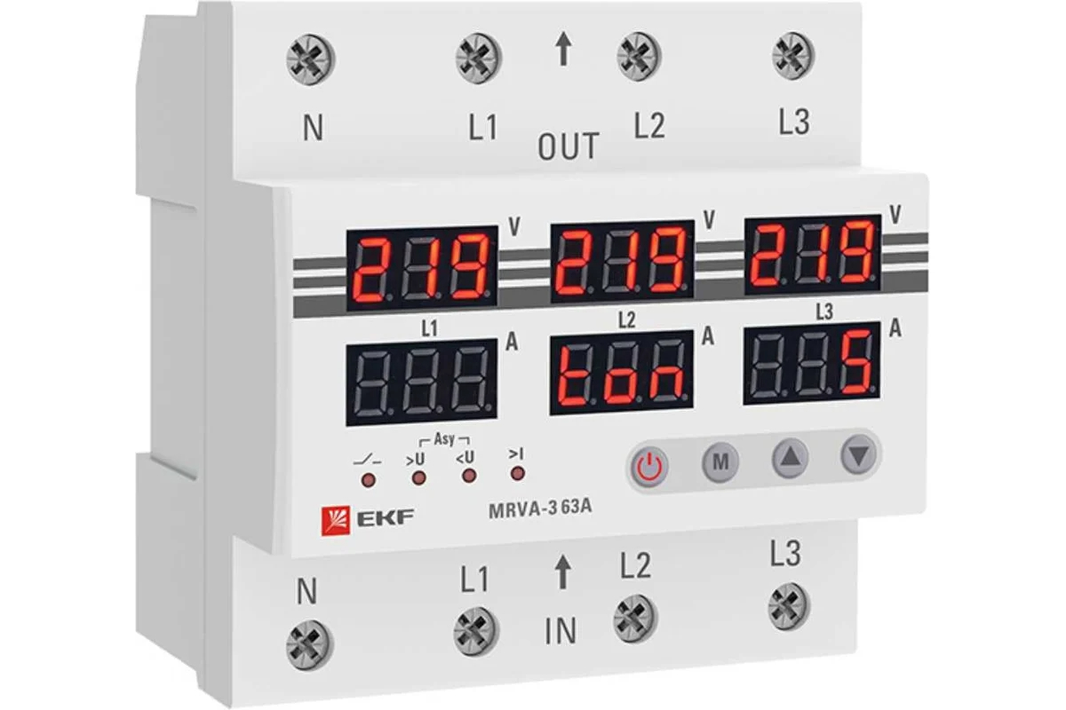 Трехфазное реле напряжения и тока EKF с дисплеем MRVA-3, 63A MRVA-3-63A