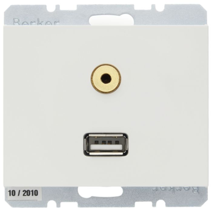 Розетка USB+mini-jack Berker, скрытый монтаж, белый, 3315397009