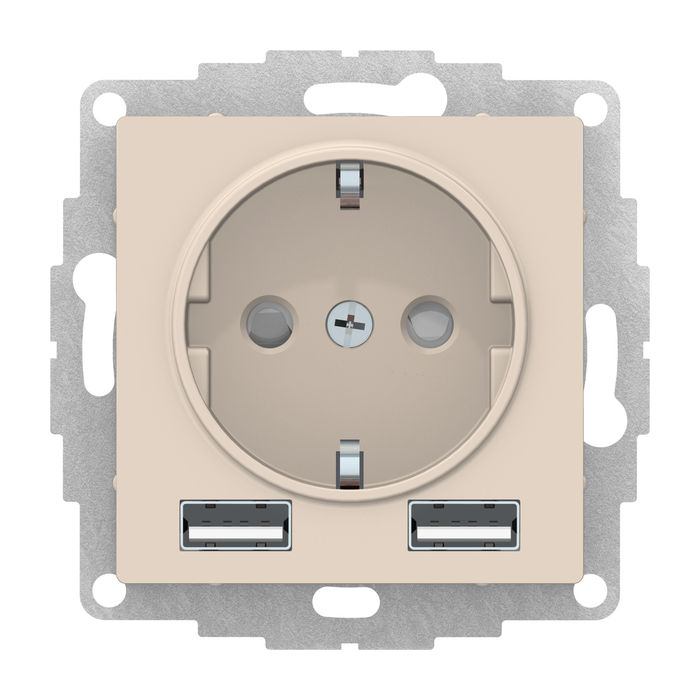 Розетка с 2xUSB Schneider Electric ATLASDESIGN, скрытый монтаж, с заземлением, бежевый, ATN000230