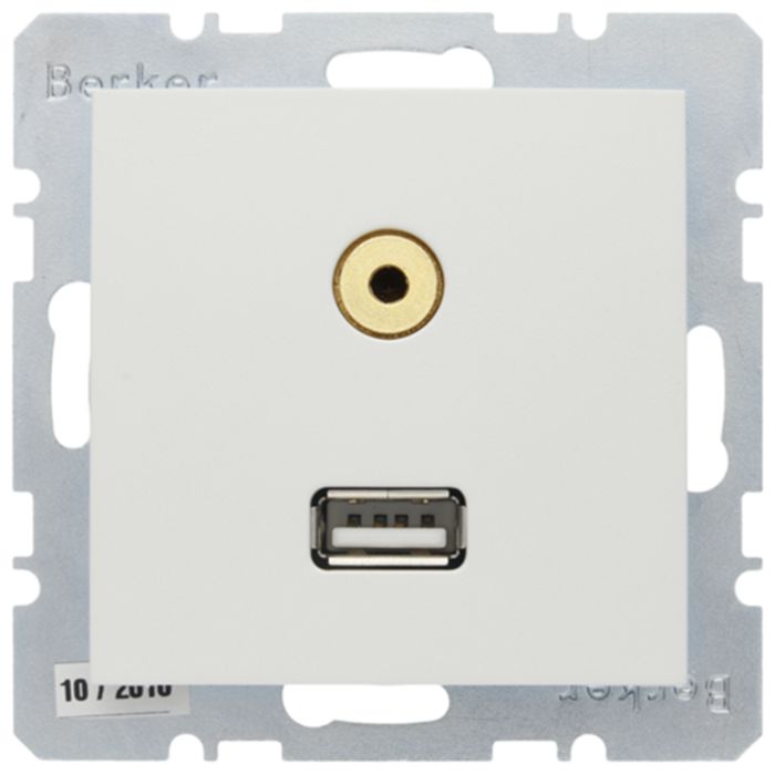 Розетка USB+mini-jack Berker, скрытый монтаж, белый матовый, 3315391909