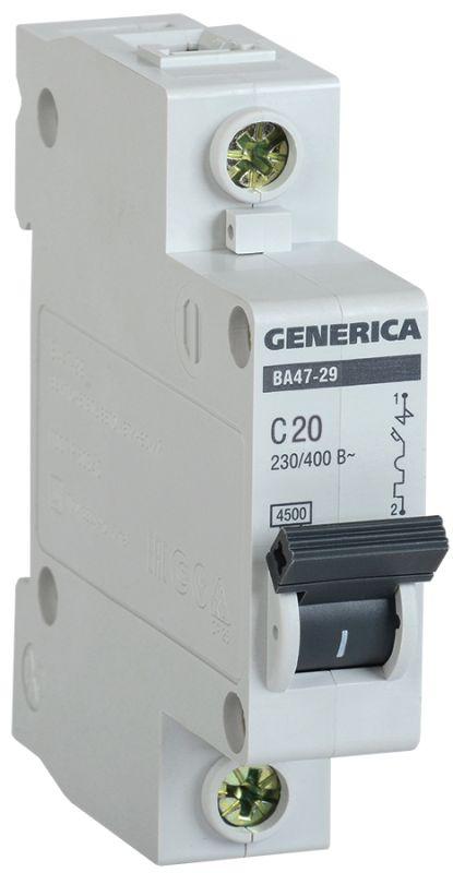 Автоматический выключатель IEK 1п C 20А 4.5кА ВА47-29 GENERICA  MVA25-1-020-C