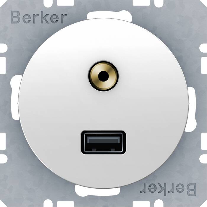 Розетка USB//аудио 3,5мм Berker, скрытый монтаж, белый блестящий, 3315392089
