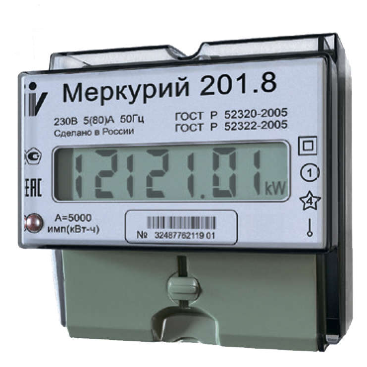 Счетчик электроэнергии "Меркурий" 201.8 1ф 5-80А 1 класс точн. 1 тариф. ЖКИ табло DIN-рейка Инкотекс 32681