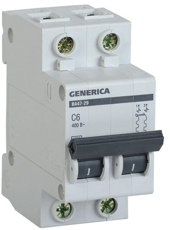 Автоматический выключатель IEK 2п C 6А 4.5кА ВА47-29 GENERICA  MVA25-2-006-C