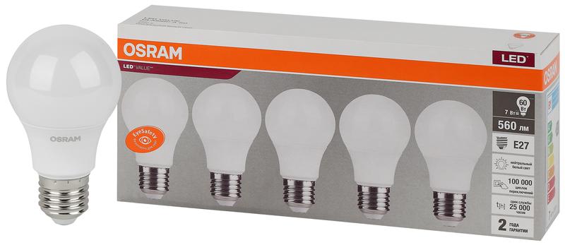 Лампа светодиодная LED Value LVCLA60 7SW/840 грушевидная матовая E27 230В 2х5 RU (уп.5шт) OSRAM 4058075577657