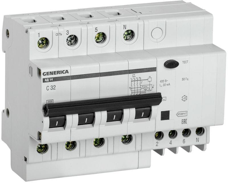 Дифференциальный автомат 4п 32А 30мА АД14 GENERICA IEK MAD15-4-032-C-030