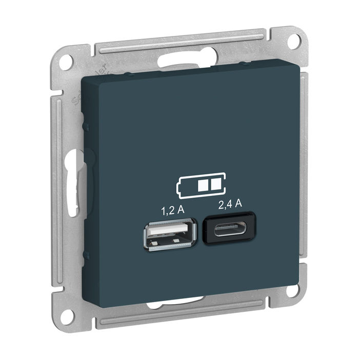 Розетка 2xUSB Schneider Electric ATLASDESIGN, скрытый монтаж, изумруд, ATN000839