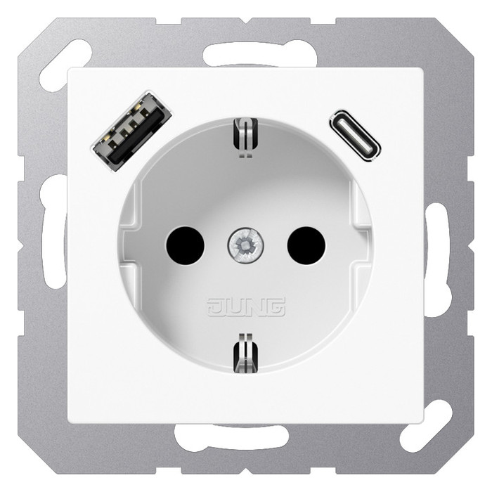 Розетка с USB Jung A 500, скрытый монтаж, с заземлением, белый, A1520-15CAWW