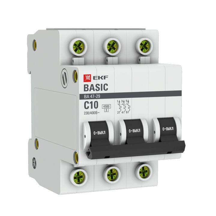 Автоматический выключатель EKF 3п C 10А 4.5кА ВА 47-29 Basic  mcb4729-3-10C