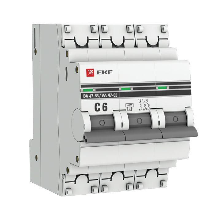 Автоматический выключатель EKF 3п C 6А 4.5кА ВА 47-63 PROxima  mcb4763-3-06C-pro