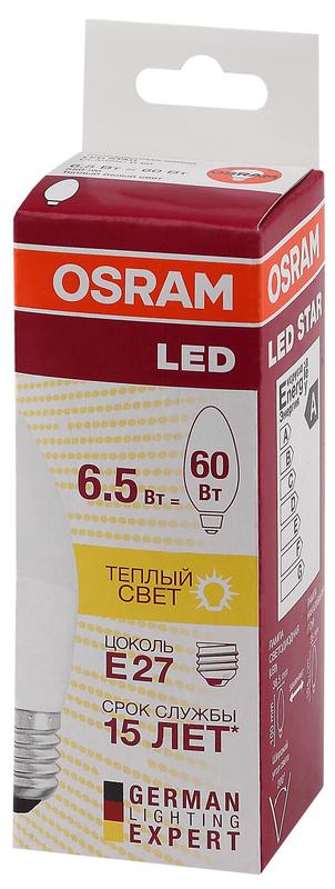 Лампа светодиодная LED Star Classic B 60 6.5W/830 6.5Вт свеча матовая 3000К тепл. бел. E27 550лм 220-240В пластик. OSRAM 4058075134232