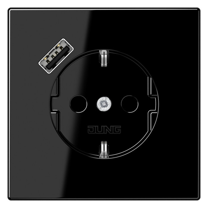 Розетка с USB Jung LS 990, скрытый монтаж, с заземлением, черный, LS1520-18ASW