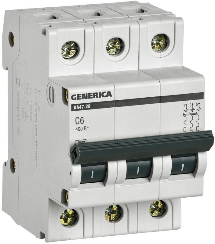 Выключатель автоматический модульный 3п C 6А 4.5кА ВА47-29 GENERICA MVA25-3-006-C