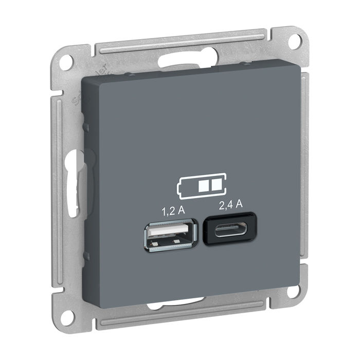 Розетка 2xUSB Schneider Electric ATLASDESIGN, скрытый монтаж, грифель, ATN000739