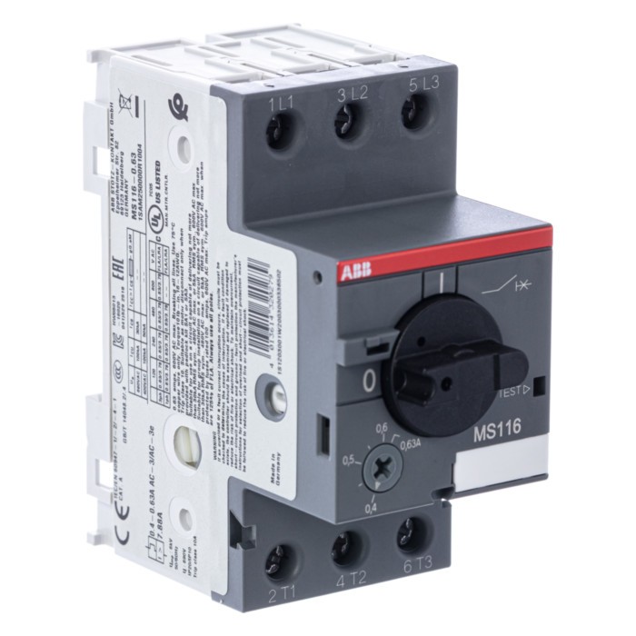 Силовой автомат для защиты двигателя ABB MS116 0.63А 3P, термомагнитный расцепитель, 1SAM250000R1004