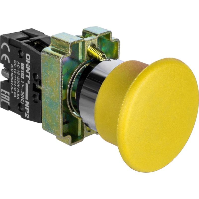Кнопка управления "Грибок" NP2-BC52 d40мм 1НЗ IP40 с самовозвратом без подсветки желт. CHINT 573838