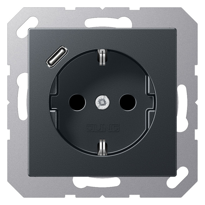Розетка с USB Jung A 500, скрытый монтаж, с заземлением, антрацит матовый, A1520-18CANM