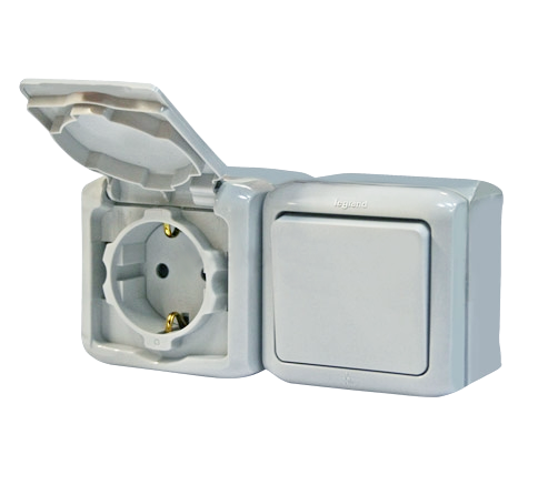 Блок ОП выключатель + розетка с заземл. защ. шторки IP44 Quteo сер. Leg 782348