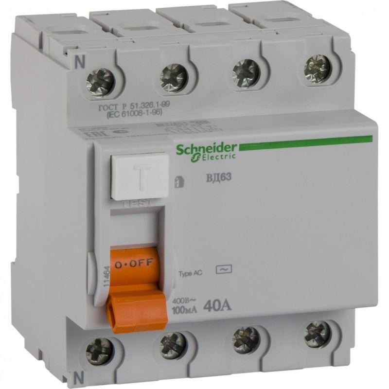 Выключатель дифференциального тока (УЗО) Schneider Electric 4п 40А 100мА тип AC ВД63 Домовой  11464