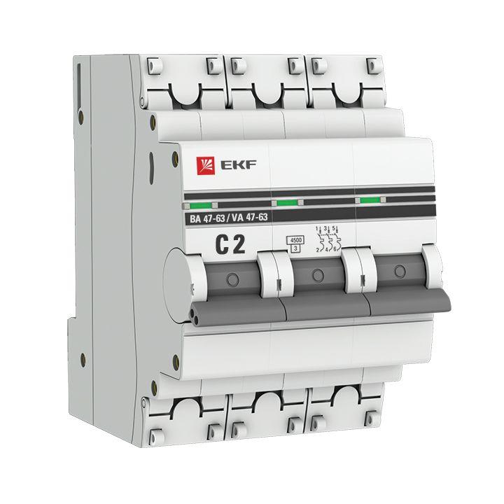 Автоматический выключатель EKF 3п C 2А 4.5кА ВА 47-63 PROxima  mcb4763-3-02C-pro