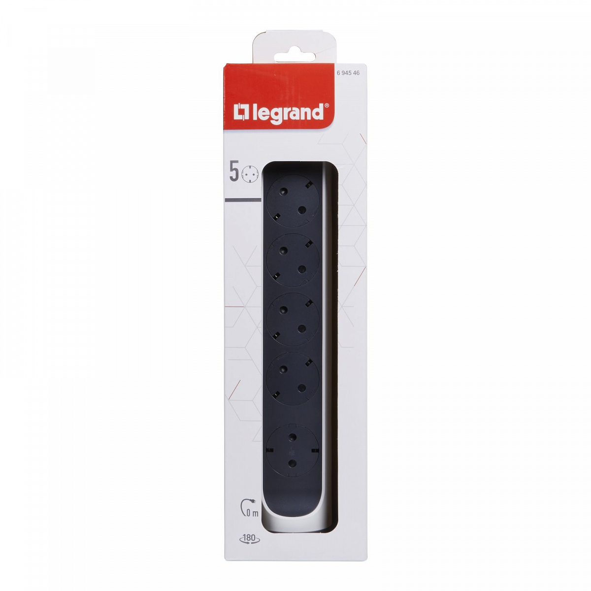 Удлинитель с заземлением  Legrand 5 розеток без кабеля, с кнопкой включения и поворотным основанием, цвет: бело-черный