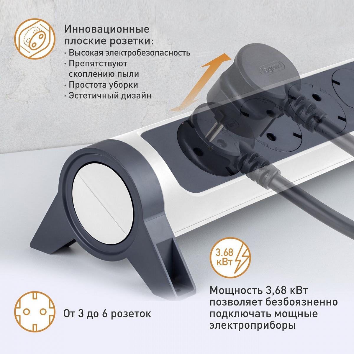 Удлинитель с заземлением  Legrand 5 розеток с кабелем 1,5 м., с 2xUSB A+C (3А) зарядками, защитой от импульсных перенапряжений, кнопкой включения и поворотным основанием, цвет: бело-черный