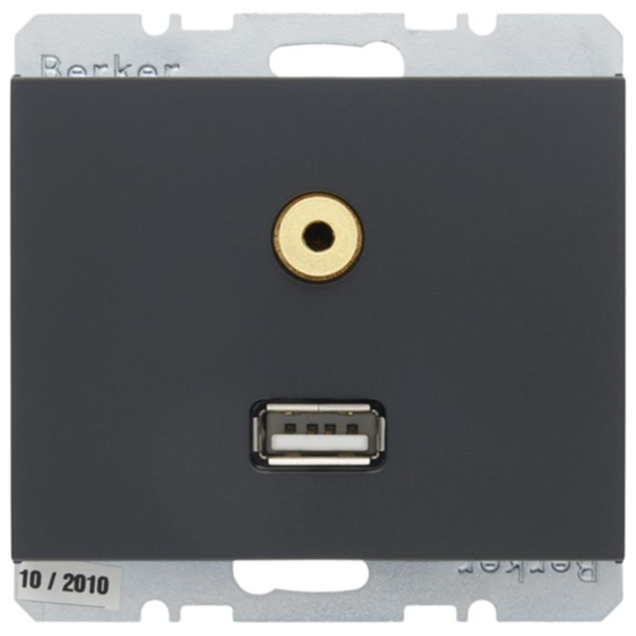 Розетка USB+mini-jack Berker, скрытый монтаж, антрацит, 3315397006